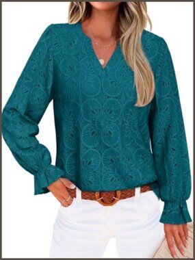 V Neck Eyelet Lace Blouse with Lining Long Sleeve
